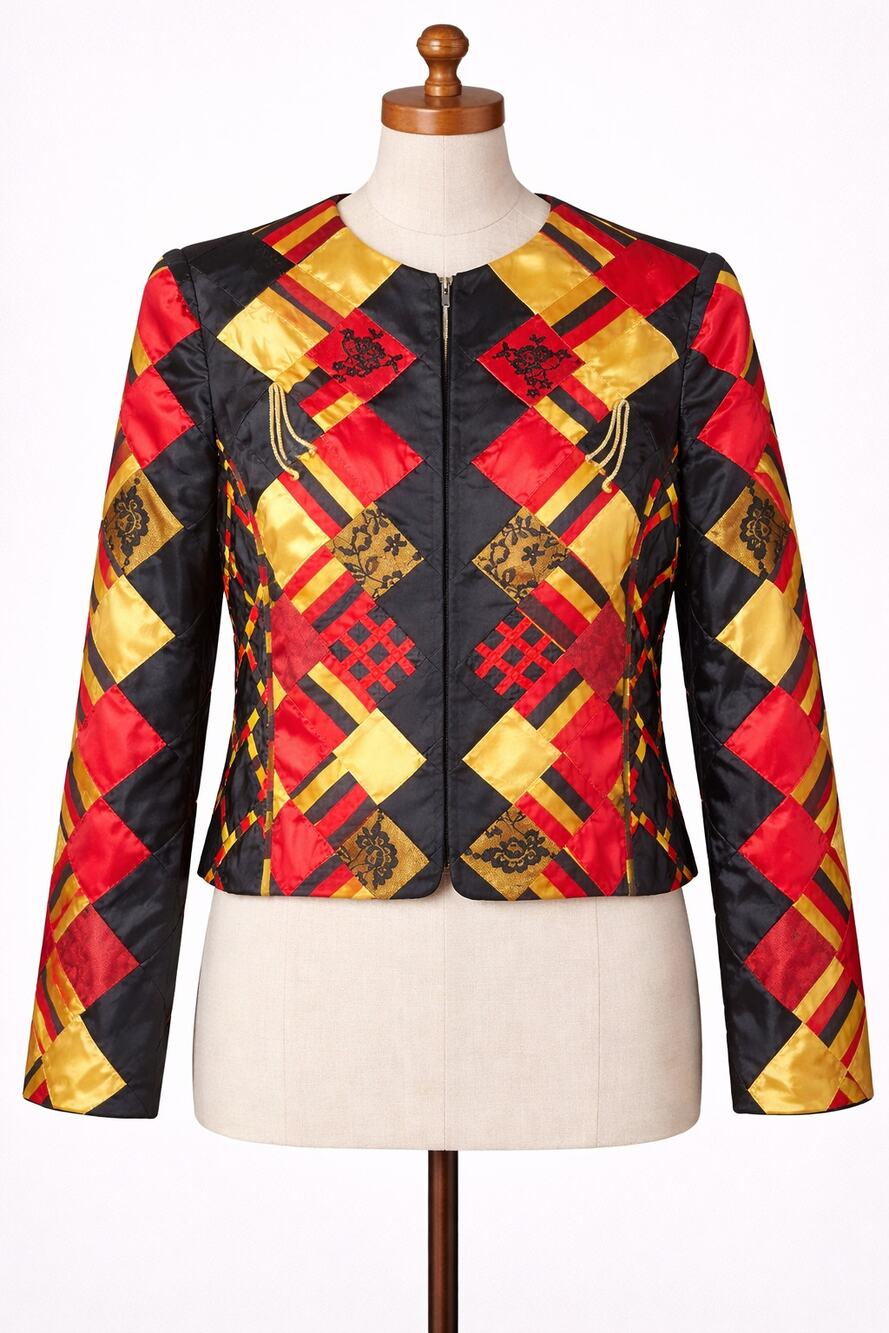 Vintage Patchwork Lace Quilted Jacket Red Yellow Black